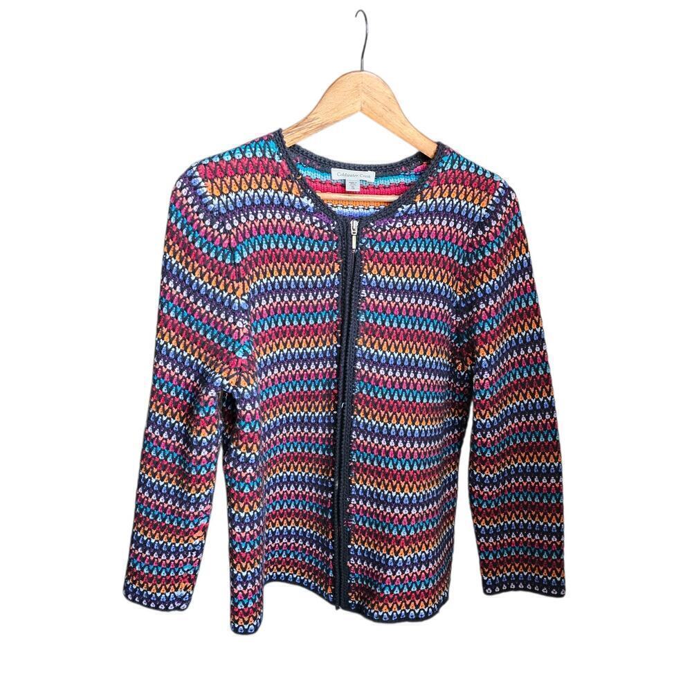 Coldwater Creek Zip-Up Crochet Sweater Jacket Black Multi Size XL